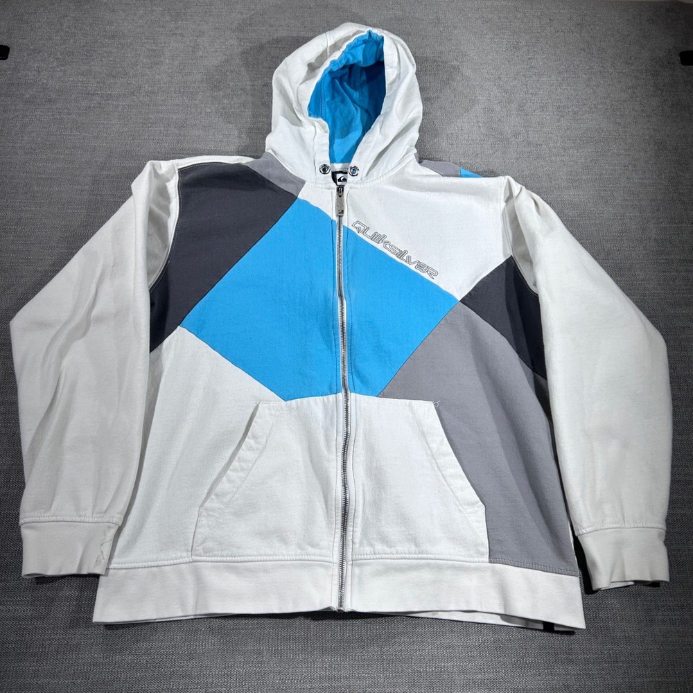 Quiksilver Hoodie Men XL White Blue Grey Good Colorblock Zip Up Sweatshirt
